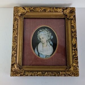 Vtg Framed Victorian miniature Woman portrait Marie Antoinette velvet Mat Gold